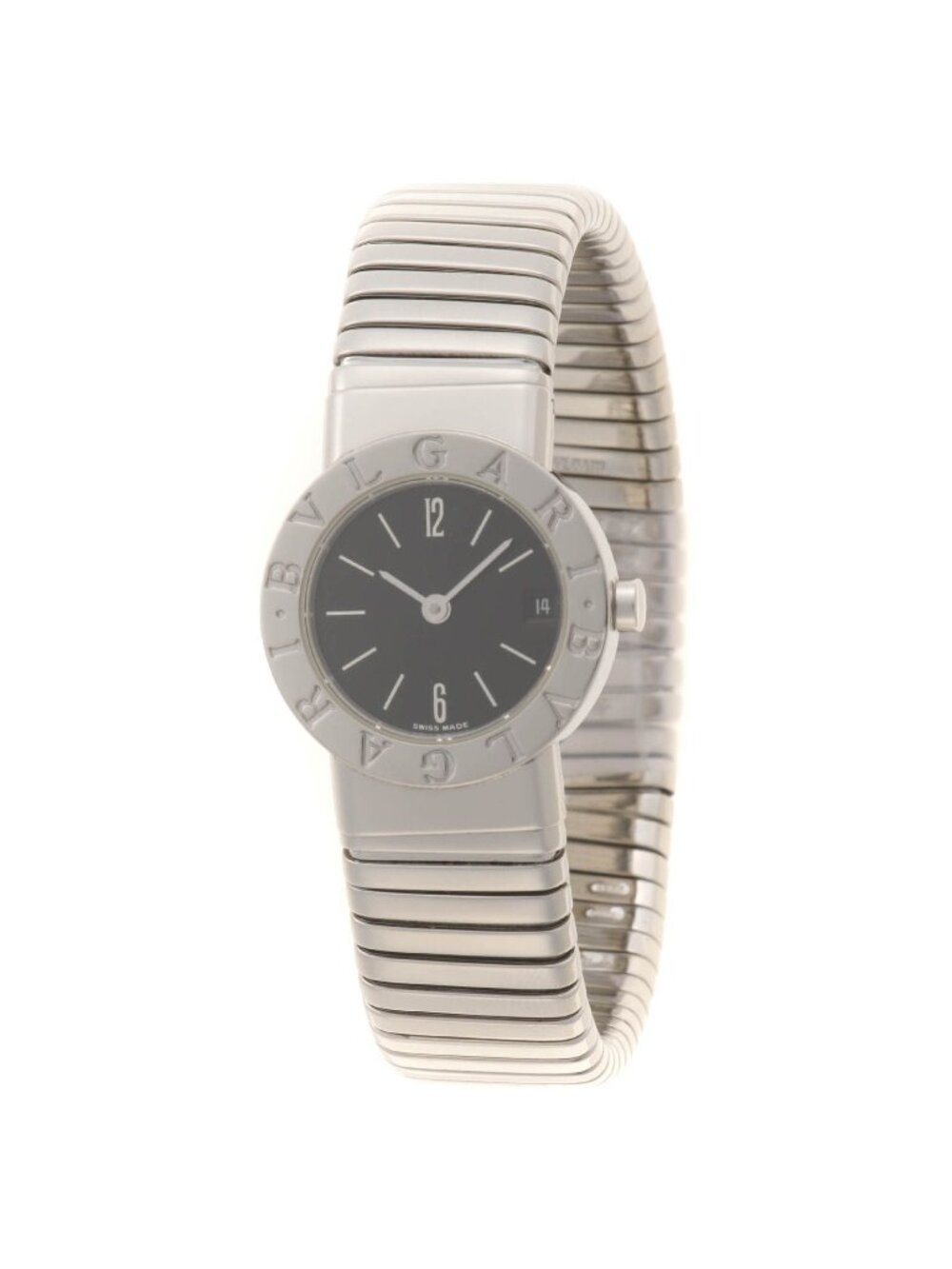 Bvlgari Tubogas Logo Pear Watch SS Stainless Steel Black Dial Quartz